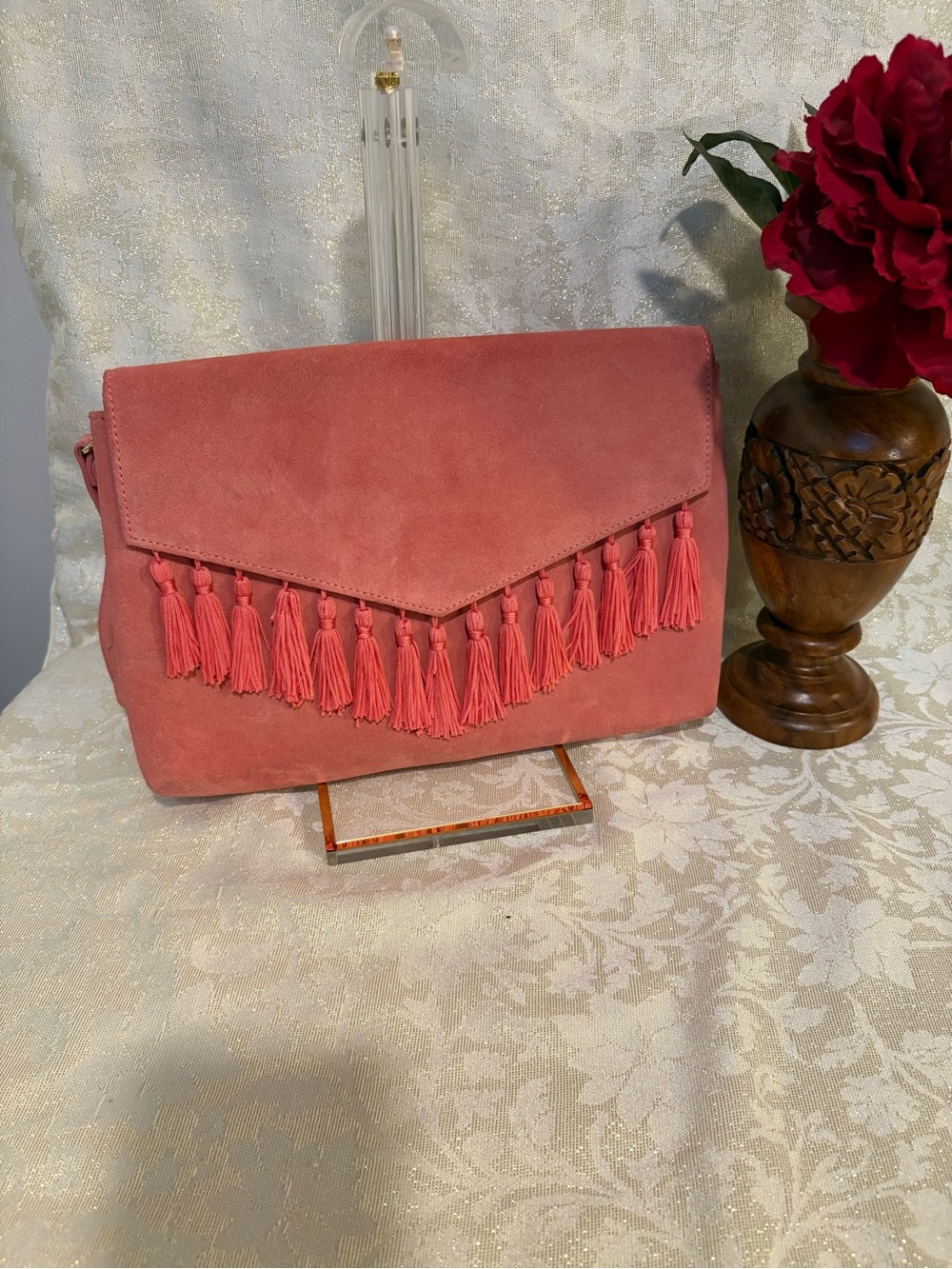 White House Black Market Coral Tassel Suede Clutch